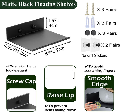 Z metnal Small Floating Shelves, Mini Metal Shelf for Collection Action Figures, Decor Display Wall Shelf, Aluminum, Wall Mounted, Matt Black, 6 i...