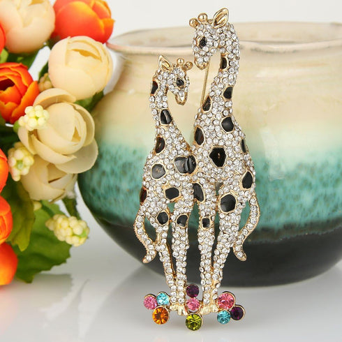 EVER FAITH Austrian Crystal Black Enamel Lovely Mother Giraffe and Child Family Brooch...