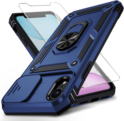 Weycolor for iPhone XR Case with Camera Lens Cover, HD Screen Protector, 10 FT Military Grade Drop Protection, Magnetic Ring Holder Kickstand Prot...