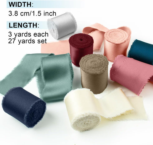Chiffon Ribbon Silk Satin Ribbon 1 1/2 Inch x 3 Yd Handmade Fringe Chiffon Frayed Edges Ribbons Set 9 Rolls Fabric Ribbon for Wedding Invitations,...