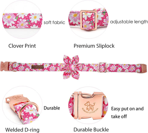 Elegant little tail Dog Collar with Flower, Dog Collar Flowers Pink Floral Girl Dog Collar Pet Gift Adjustable Dog Collar for Large Dogs...