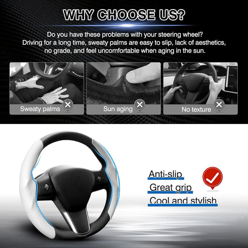 Custom-Fit Steering Wheel Cover for Tesla, Telsa Model 3 / Y Carbon Fiber Steering Wheel Cover for Men/Women, Anti-Slip, Comfortable Grip, Breatha...