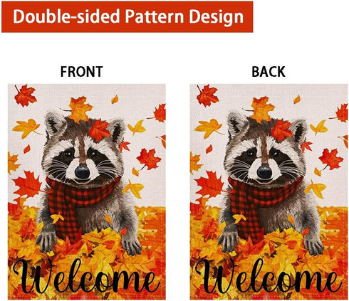 Welcome Fall Maple Leaves Garden Flag 12.5x18 Inch Double Sided, Seasonal Raccoon Autumn Rustic Yard Outdoor Decoration...