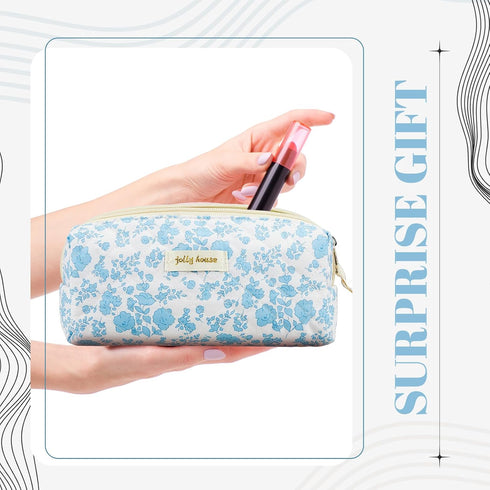 2 Pcs Cotton Quilted Makeup Bag Floral Cotton Cosmetic Bag Large Coquette Make up Pouch Aesthetic Floral Toiletry Bag for Women Girls Home Bathroo...