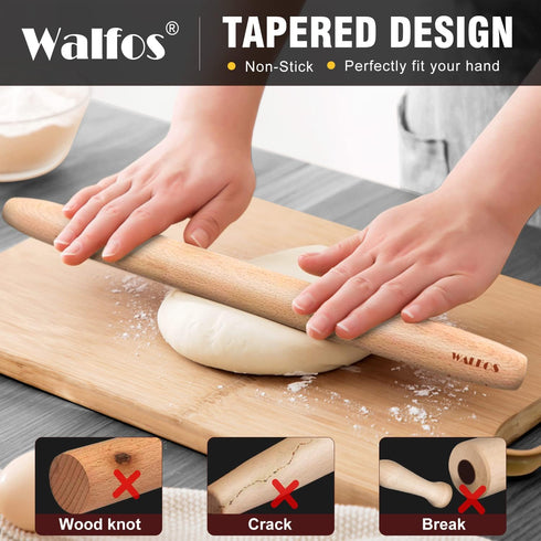 WALFOS French Rolling Pin and Silicone Baking Mat Set, Non-Stick Beech Wood Rolling Pin 17 Inch and Pastry Mat for Best Pie Crust, Cookie, Pasta a...