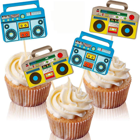 Morndew 24 PCS Radio Boom Box Cupcake Toppers for Nostalgic Ball Music Theme Party 70s 80s 90s Hip Hop Party Birthday Party Wedding Party Decorati...
