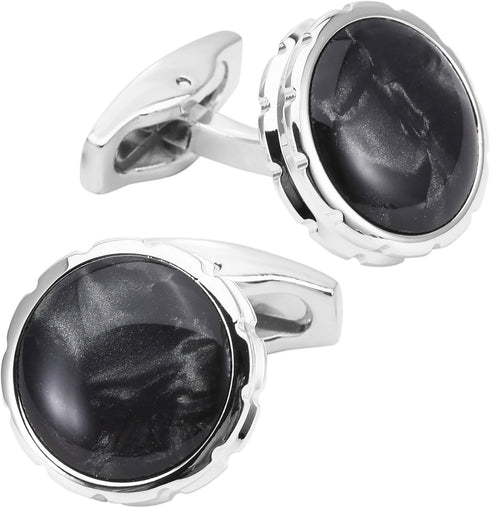 Black Obsidian Stone Round Men's Cufflinks In Gift Case Silver Natural Gemstone Cufflinks for Men Jewelry for Wedding Party Business Birthday Anni...