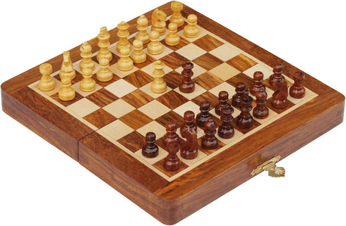 Magnetic Travel Chess Board Set - Classic Wood Staunton 7 X 7 Inch Pocket Chess Set with Folding Game Board Handmade in Fine Rosewood...