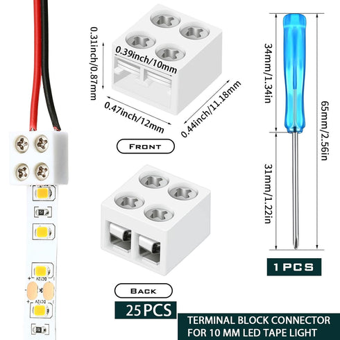 25 Pack Solderless White Led Tape Light Connectors Tighten Screw Terminal Blocks 2 Pin 10mm Connector with Screwdriver Wire to Strip Connector for...