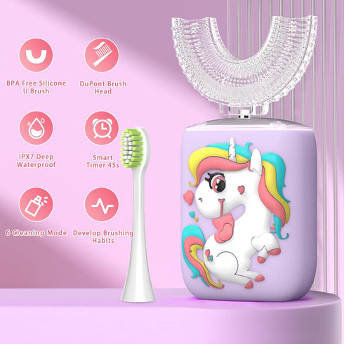 Kids Electric Toothbrush U Shaped Toddler Auto Sonic Toothbrushes with 4 Brush Head,Cartoon Unicorn Ultrasonic Toothbrushes for Children 2-12 Year...