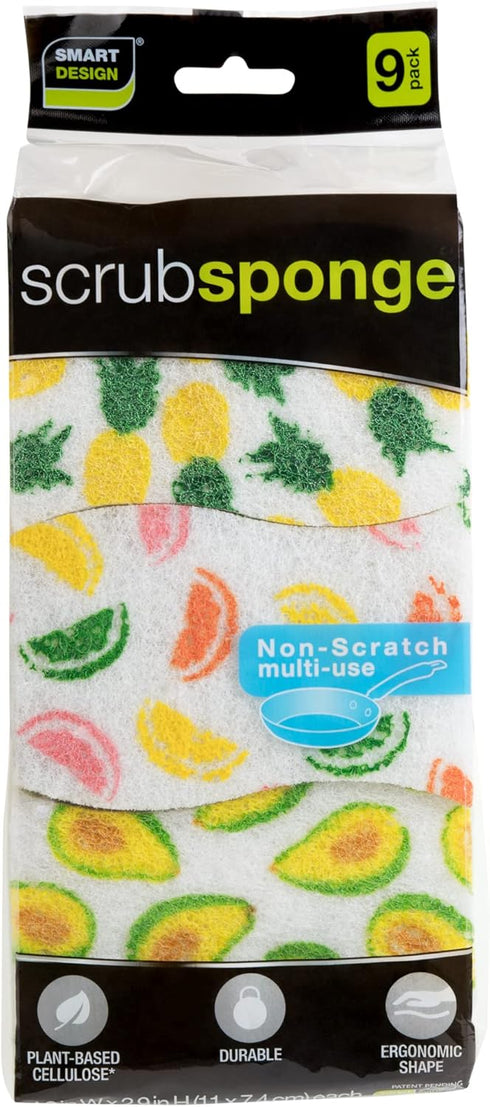 Smart Design Non-Scratch Cellulose Smart Scrub Sponge - Set of 9 - Ultra Absorbent - Ergonomic Shape - Cleaning, Dishes, & Hard Stains - Fruit Pat...
