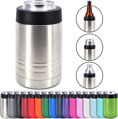 4-in-1 Stainless Steel 12 oz Double Wall Vacuum Insulated Can or Bottle Cooler Keeps Beverage Cold for Hours - Also Fits 16 oz Cans - Stainless St...
