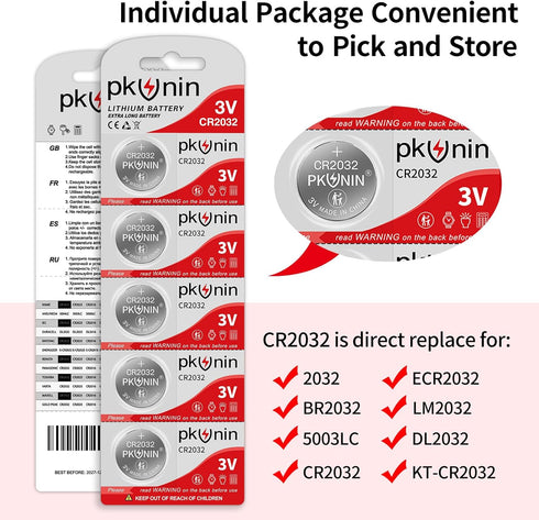 PKUNIN CR2032 Lithium 3V Coin Battery, CR2032 3V Battery for Key Fob, CR2032 Lithium Battery, 2032 Battery 15 Pack...