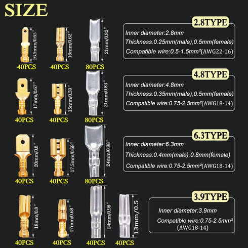 Twidec/640Pcs 2.8/4.8/6.3mm Quick Splice Male and Female Wire Spade Connector Crimp Terminal & Bullet Connectors Terminals Crimp Block Kit Golden ...
