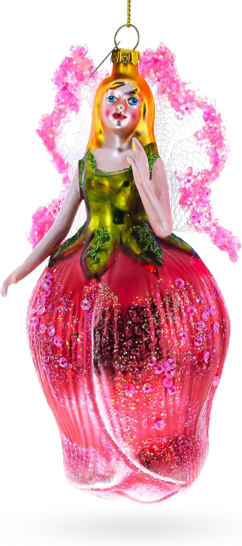 Enchanting Fairy in a Rose Dress Glass Christmas Ornament...