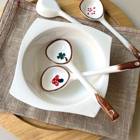 Vintage Ramen Soup Spoons, Ceramic Asian Soup Spoons Tablespoon, Rice Noodles Dinner Serving Spoon, Dessert Spoon, Ladles for Pho Miso Cereal Sauc...