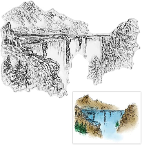 Tree Mountain River Background Clear Stamps for Card Making, Forest Falls Landscape Clear Silicone Rubber Stamp Silicone Reusable Stamp for DIY Sc...