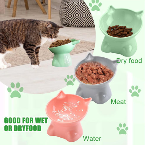 3PCS Elevated Cat Bowls, 15° Tilted Raised Cat Food Bowl Anti-Vomiting, Raised Cat Food and Water Bowl Set for Protecting Pet's Spine, Shallow Cat...