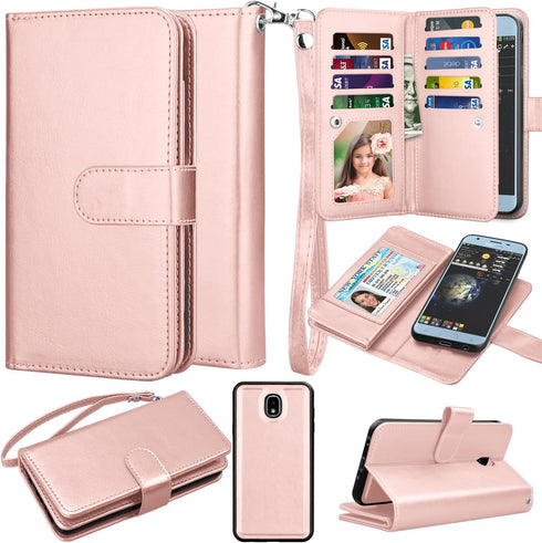 Takfox Galaxy J3 2018 Leather Wallet Case, Flip Folio with 9 Card Holder, Detachable Strap - Rose Gold...