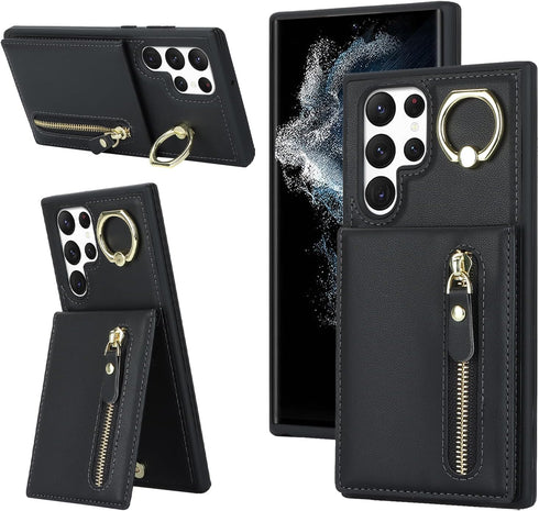 Samsung Galaxy S22 Ultra Case with Card Holder for Women, Samsung Galaxy S22 Ultra phone Case Wallet with Credit Card with Ring Kickstand Zipper S...