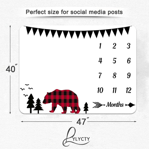 Baby Milestone Blanket, Plaid Bear Photography Background Prop for Neutral Newborn Baby Shower, Includes Wreath and Frame 47"x40" BTLSLY56...
