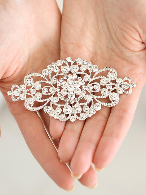 Mariell Vintage Bridal Crystal Brooch Pin, 4" Wide, Antique Silver Wedding Pin, Rhinestone Brooch for Brides and Wedding, Art Deco Fashion Accesso...