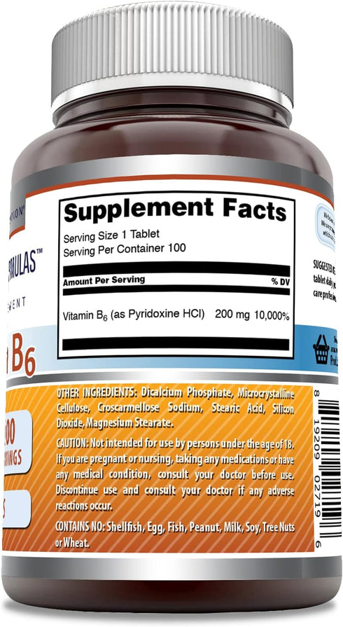 Amazing Formulas Vitamin B6 Pyridoxine 200mg 100 Tablets Supplement | Non-GMO | Gluten Free | Made in USA...