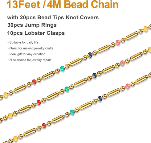 Kyutong 13 Feet Gold Plated Stainless Steel Jewelry Chain Links Colorful Oil Drip Bead Chain Roll Craft Chain Bulk with Jewelry Making Supplies fo...