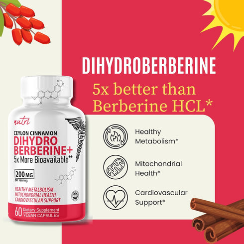 Dihydroberberine Supplement 200mg 60 Capsules - With Ceylon Cinnamon - 5X More Effective Than Regular Berberine HCL - Super Berberine with Ceylon ...