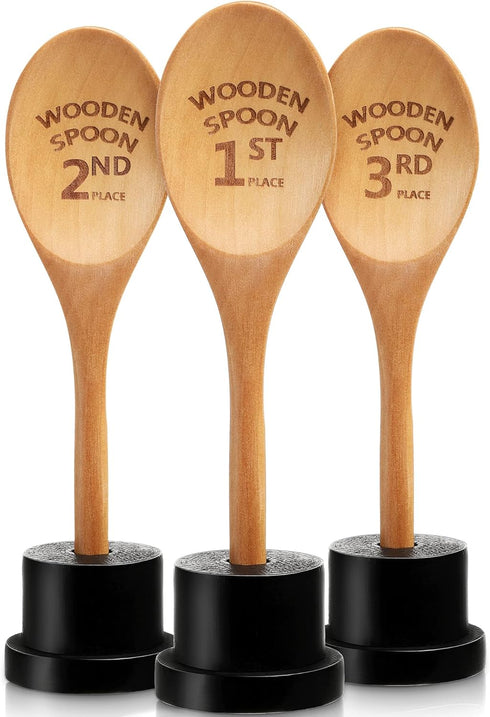 3 Pieces Golden Spoon Award Trophies Set Chili Cook Off Wood Spoon Prizes Wooden Laser Engraved Wooden Spoon with Wooden Trophy Base Cooking Bakin...