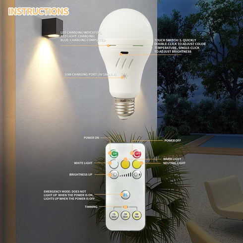 Rechargeable Light Bulbs with Remote Control,700lm, 2600mAh Battery Emergency Light Bulb for Power Outage and Camping Outdoor, 3 Level Dimmable, 3...