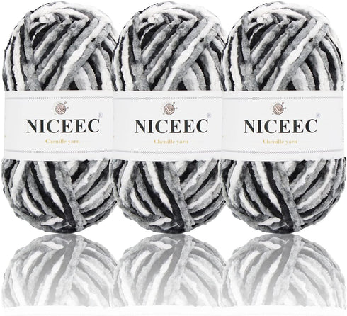 NICEEC 3 Skeins Soft Chenille Yarn Blanket Yarn for Knitting Fancy Yarn for Crochet Weaving DIY Craft Total Length 3×85m (3×93yds, 3×50g)_Black Wh...