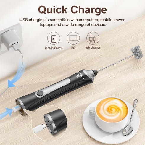 3-Speed Rechargeable Milk Frother, Handheld Electric Coffee Frother Wand with Detachable Stainless Steel Double Rings Whisk, Electric Drink Mixer ...