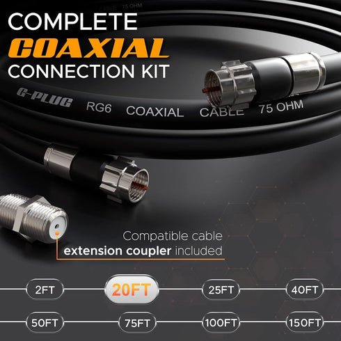G-PLUG 20FT RG6 Coaxial Cable Connectors Set - High-Speed Internet, Broadband and Digital TV Aerial, Satellite Cable Extension - Weather-Sealed Do...