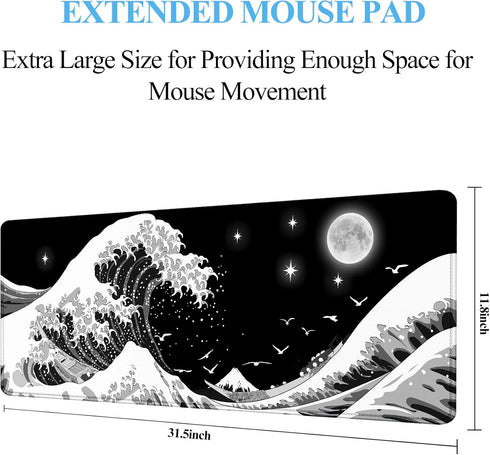 Gaming Mouse Pad Japanese Black and White Sea Wave Large XXL Mouse Pad Extended Big Desk Mat 31.06" x 11.8" Keyboard Laptop Computer Mousepad for ...