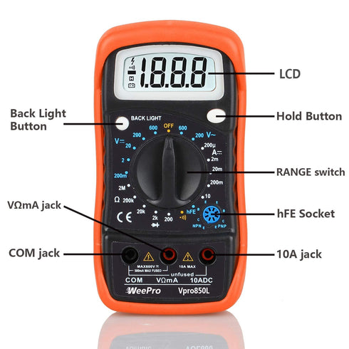 Vpro850L Digital Multimeter DC AC Voltmeter, Ohm Volt Amp Test Meter, Electric Tester Ohmmeter with Diode and Continuity Detector, Backlit Display...