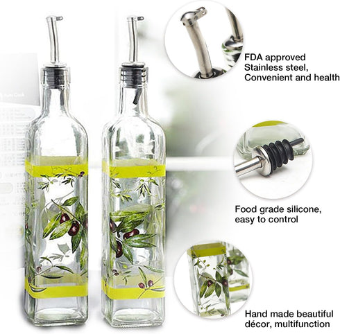 CEDAR HOME Olive Oil Bottle Set Glass Dispenser Vinegar Cruet 17oz. with Stainless Steel Leak Proof Pourer Spout for Cooking or Salad Dressing, Gr...