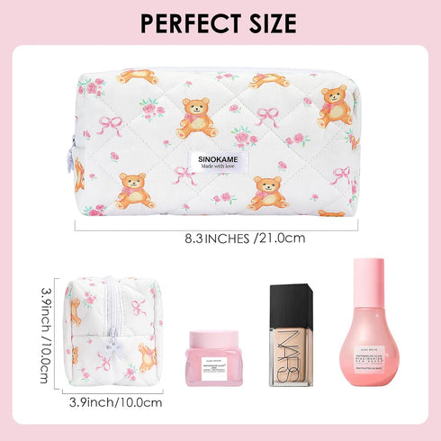 Cute Travel Makeup Bag, Cotton Quilted Small Cosmetic Bag Handmade, Bear Bow Patterns Coquette Aesthetic Floral Pouches Toiletry Brushes Pencil Or...