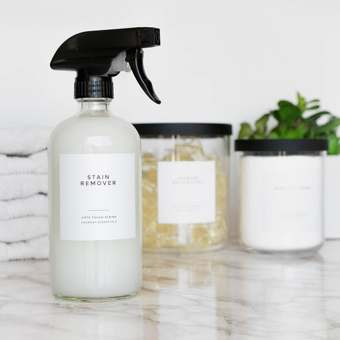 Clean-Modern White Bathroom Labels, Laundry Labels & Cleaning Labels by Paper & Pear - Waterproof Labels for Bottles - 2.6” Square Bathroom Labels...