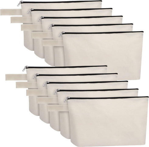 10 Pieces Cotton Canvas Makeup Bag with Bottom, Multi-Purpose Cosmetic Bag with Zipper Travel Toiletry Pouch, Blank DIY Craft Bag Pencil Bag (M, W...