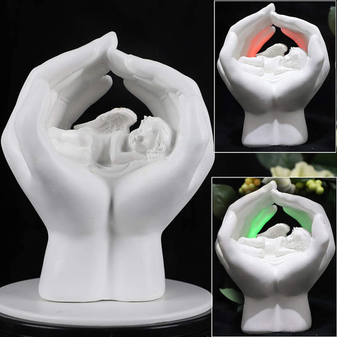 Sleeping Resting Angel in God's Hand with Colorful Light Fairy Garden Deco Cupid Statue Home Deco Cherub Statue Baby Sculpture Figurine Memorial...
