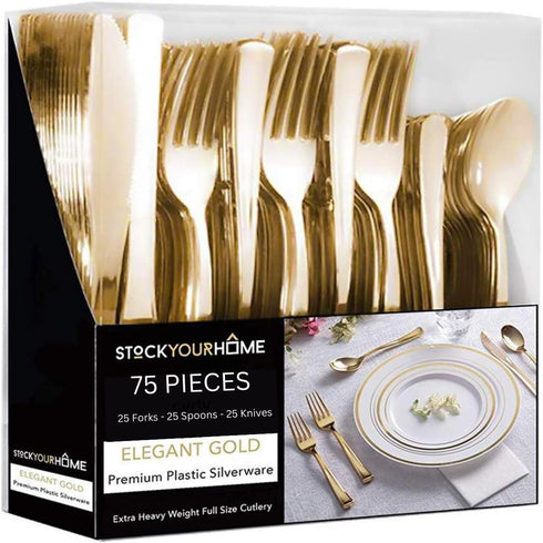 75 Pieces Heavy Duty (Gold) Plastic Silverware Set, Disposable Cutlery Set, Great for Parties, Weddings, and Catering, Flatware Utensils Included:...