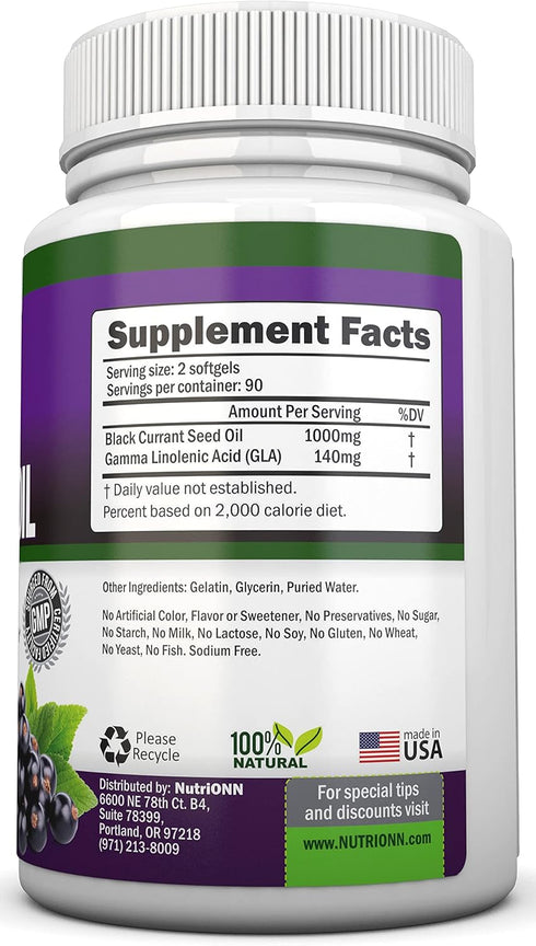 Black Currant Oil - 1000 Mg - 180 Softgels - Cold-Pressed Pure Black Currant Seed Oil - Hexane Free - 140mg GLA Per Serving - Regulates Hormonal B...