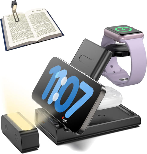 Wireless Charging Station for Apple Devices, 3 in 1 Charging Station Apple with Book Light, Portable iPhone Wireless Charger for iPhone 15 Pro Max...