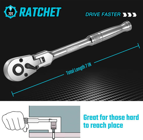 DURATECH 1/4" Drive Flex-Head Ratchet, 72-Tooth Ratchet Wrench, Quick-release, Reversible Switch, Full-Polished Chrome Plating, Alloy Steel...
