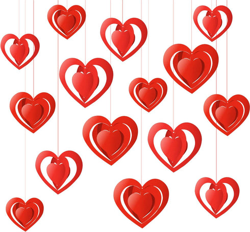 15 Pieces Valentine's Day 3D Heart Hanging Decorations Red Hearts Hanging Ornaments with Red Ribbons Party Supplies for Indoor Outdoor Bridal Show...