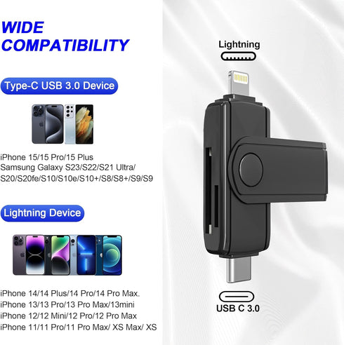 USB C Lightning SD Card Reader for iPhone 15 iPad Mac - 2 in 1 Micro SD/SD Card Adapter(Read two cards simultaneously), Portable Digital Camera Ad...