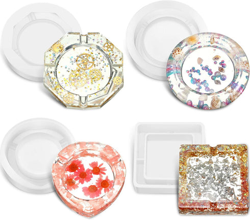 WILLBOND 4 Pieces Silicone Large Resin Mold Square Coaster Casting Heart-Shaped Rhombus Shape Coaster Round Shape Epoxy Mold for DIY Resin Making,...