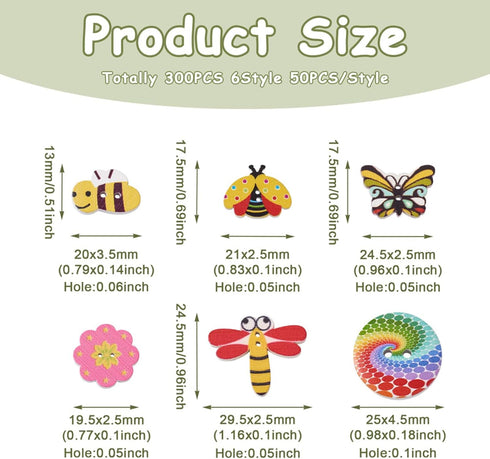 300Pcs Painted Wooden Buttons Insect Theme Poplar Wood Buttons Flower Dragon Fly Butterfly Bee Ladybugs Round Sewing Buttons with Floral Patterns ...
