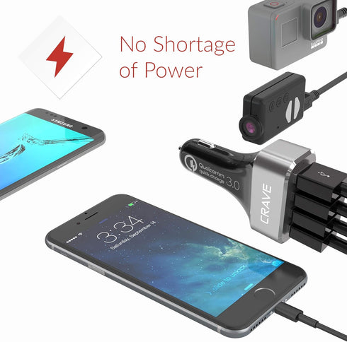 Crave CarHub 54W 4 Port USB Car Charger, Qualcomm Quick Charge 3.0 - Black...
